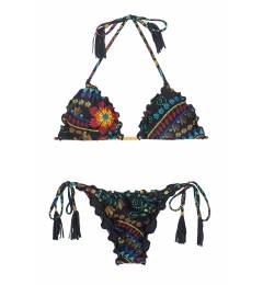 Biquini de frufru estampa floral preta Bordado Frufru