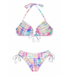 Biquini laço xadrez pompom Plaid Borboleta