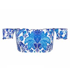 Cropped floral branco e azul Top Hortensia Off Shoulder